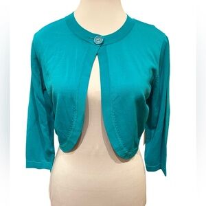 NWT Amanda Smith Teal Cropped Bolero Cardigan Button Front - Size Small